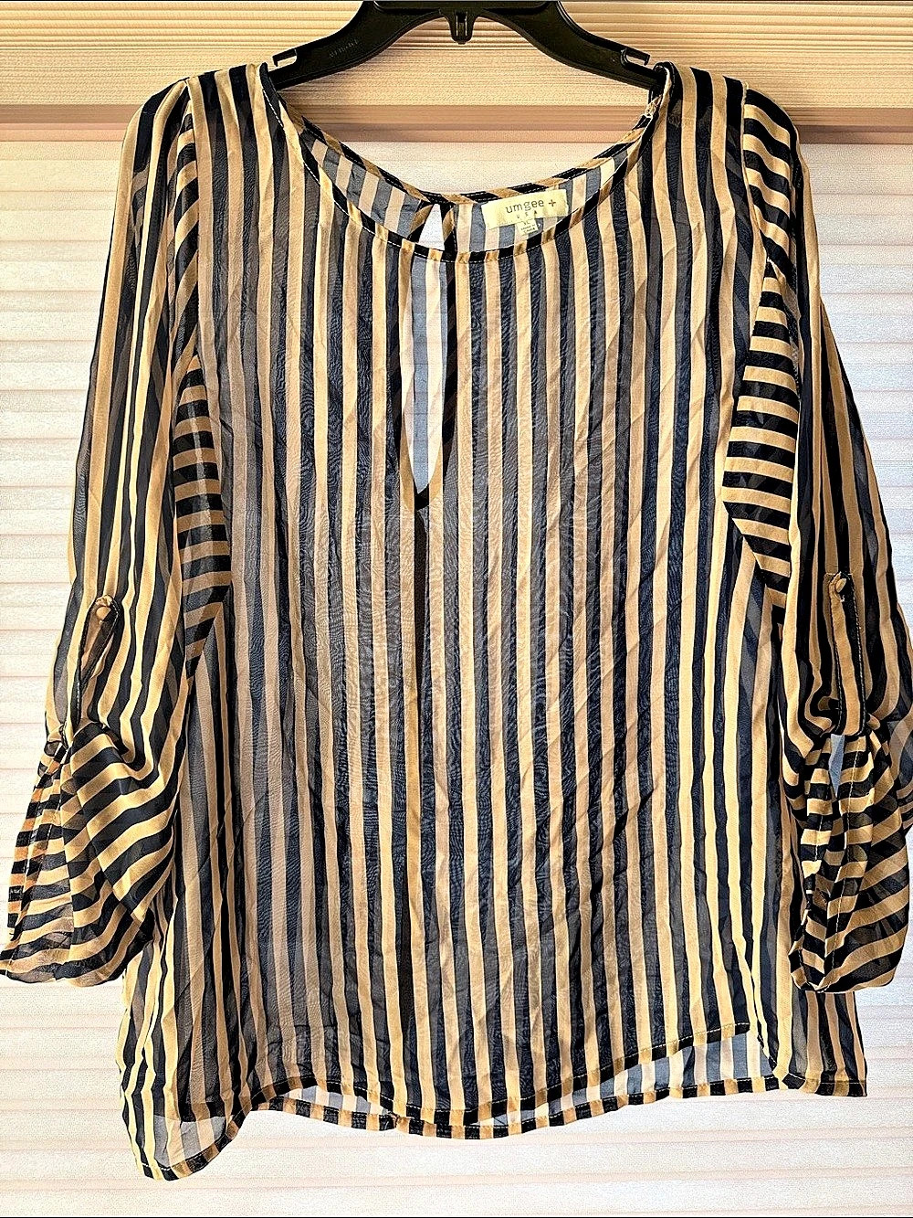 Umgee Striped Long Sleeve Blouse in Blue & Brown Size XL Like New
